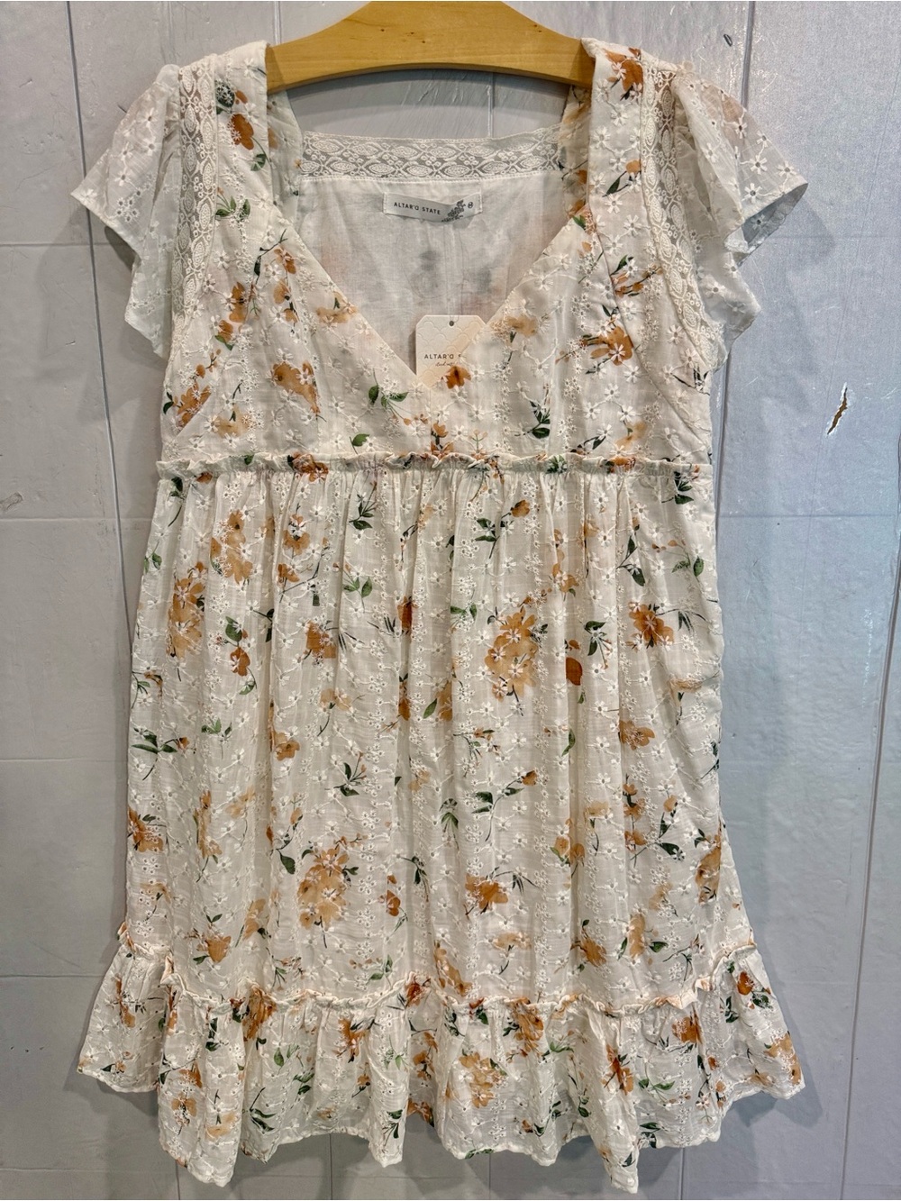 Altar'd State Ivory Eyelet Lace-Trim Mini Babydoll Dress with Empire Waist NWT